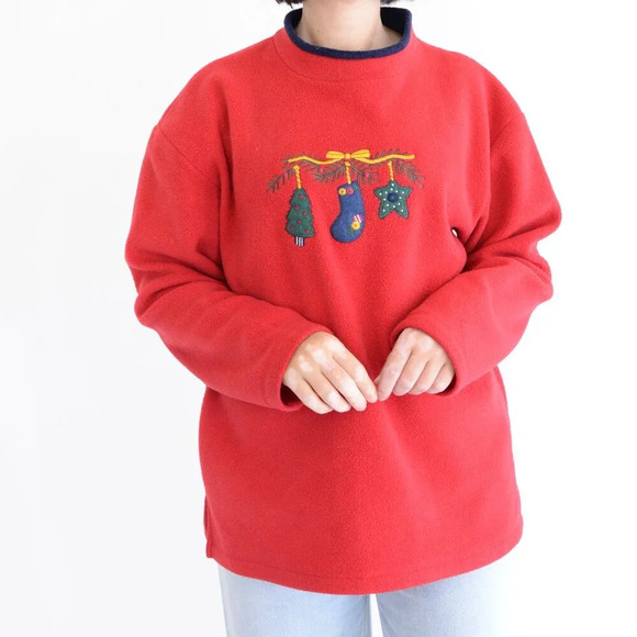 Vintage Croft And Barrow Red Embroidered Christmas Stocking Tree Star Sweater M - Picture 2 of 10